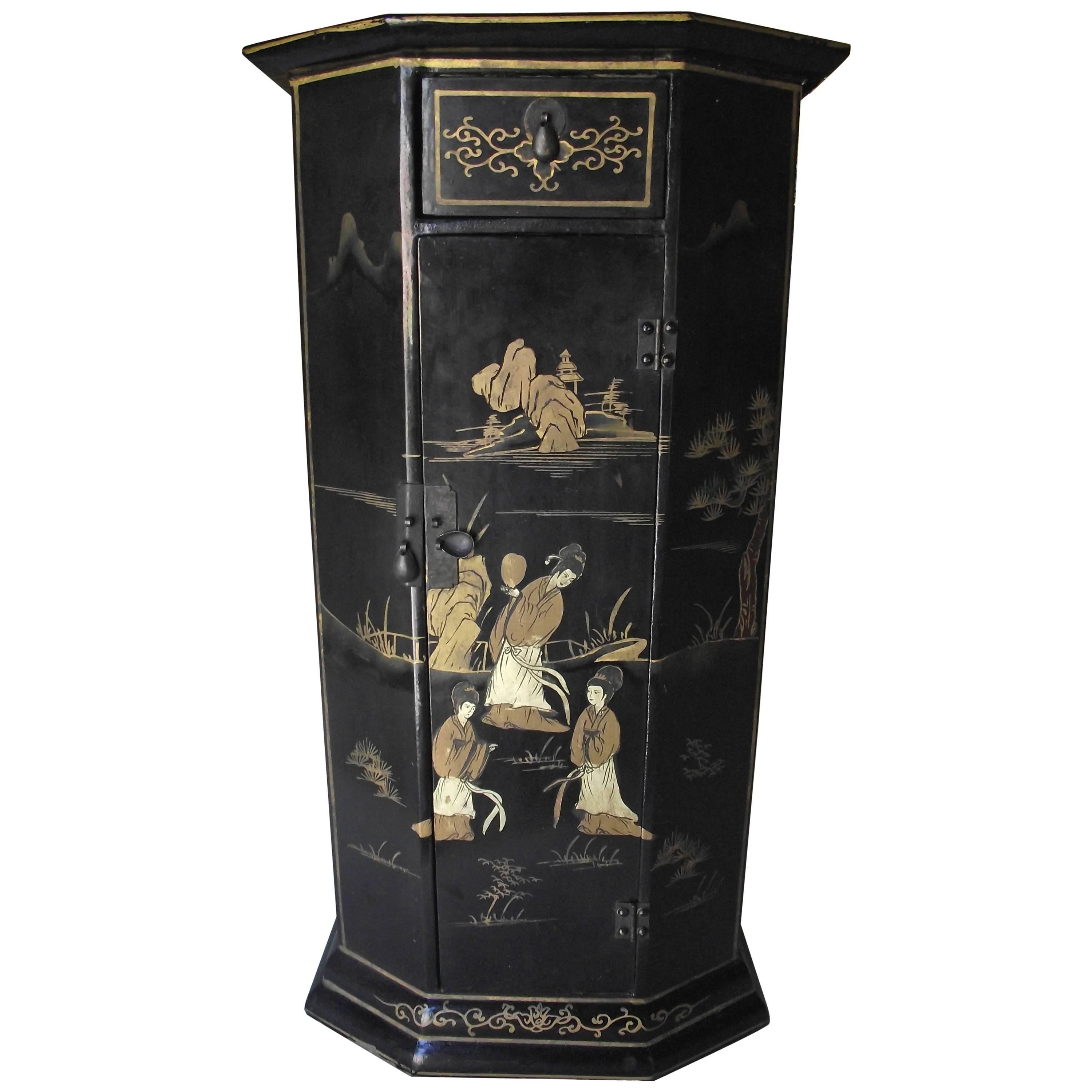Coromandel Style Cabinet, Black Painted with Decals and Hand Painting, 1930s