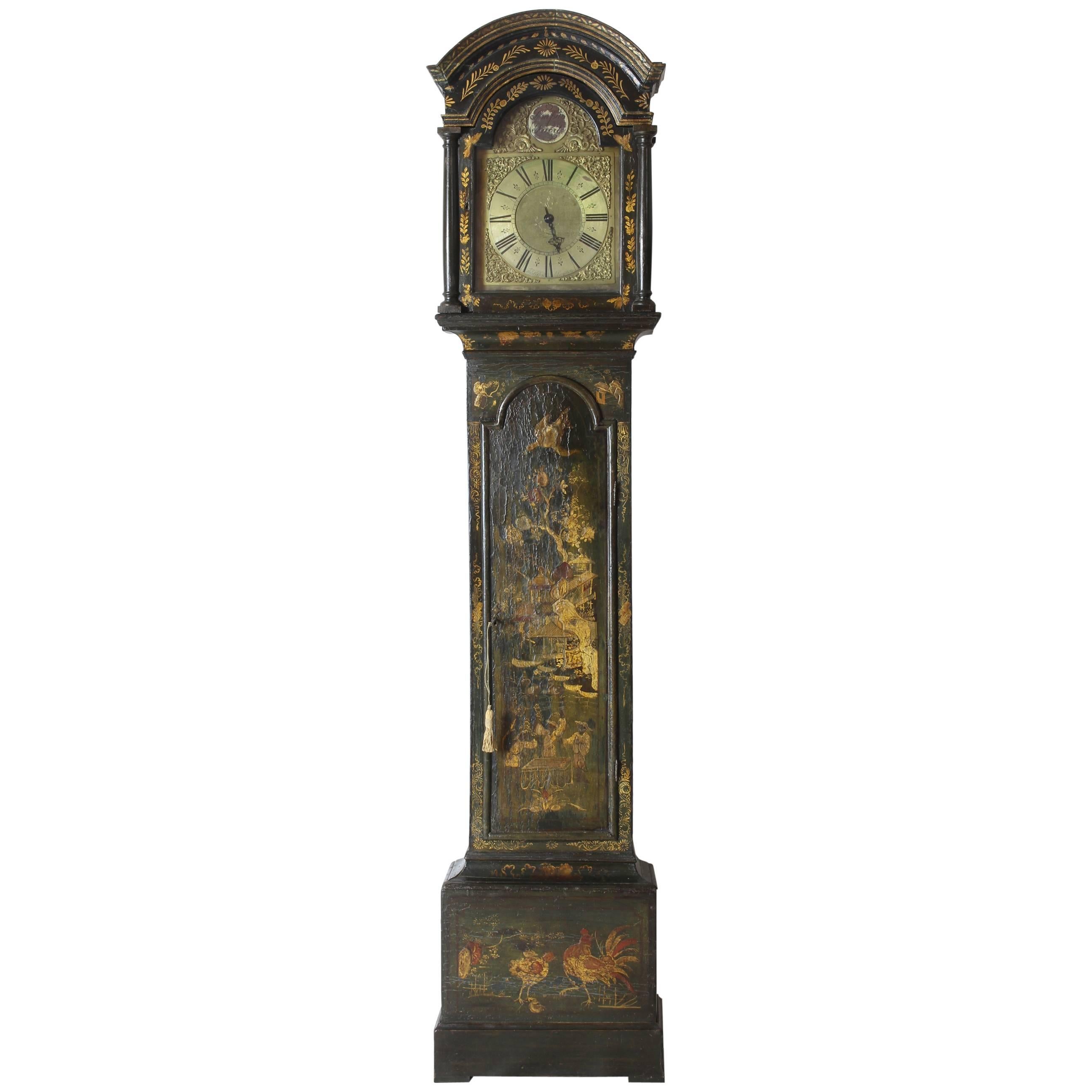 George III Green Japanned Chinoiserie Long Case Clock For Sale