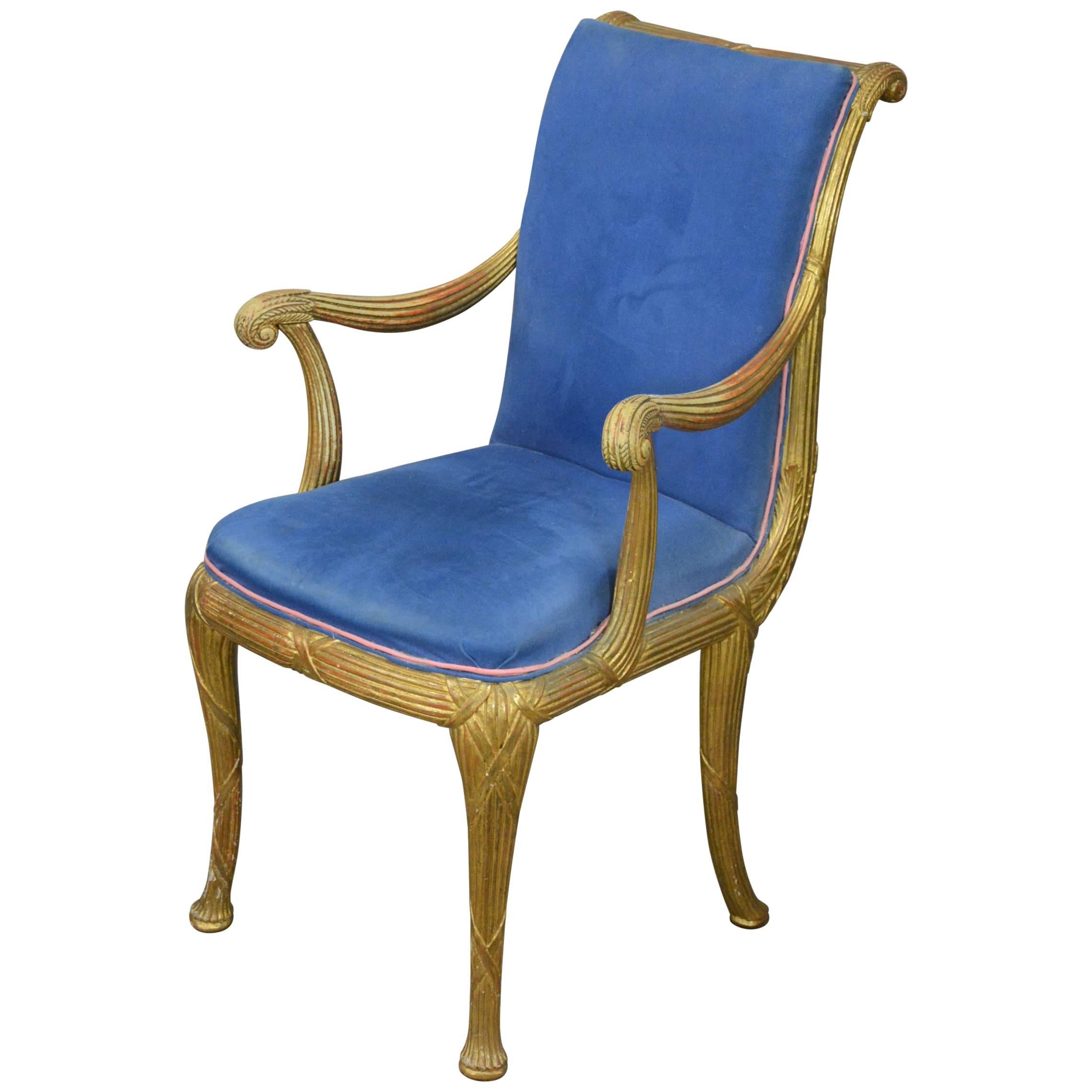 Neoclassical Giltwood and Velvet Armchair, circa 1950 For Sale