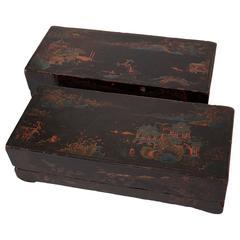 Antique Kangxi Black Lacquer Boxes Polychrome Painting Chinese Qing Dynasty Pair