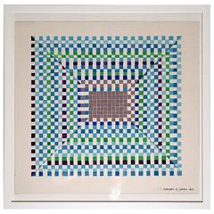 Vintage Stewart Ross James Blue and Green Square Geometric Watercolor Drawing