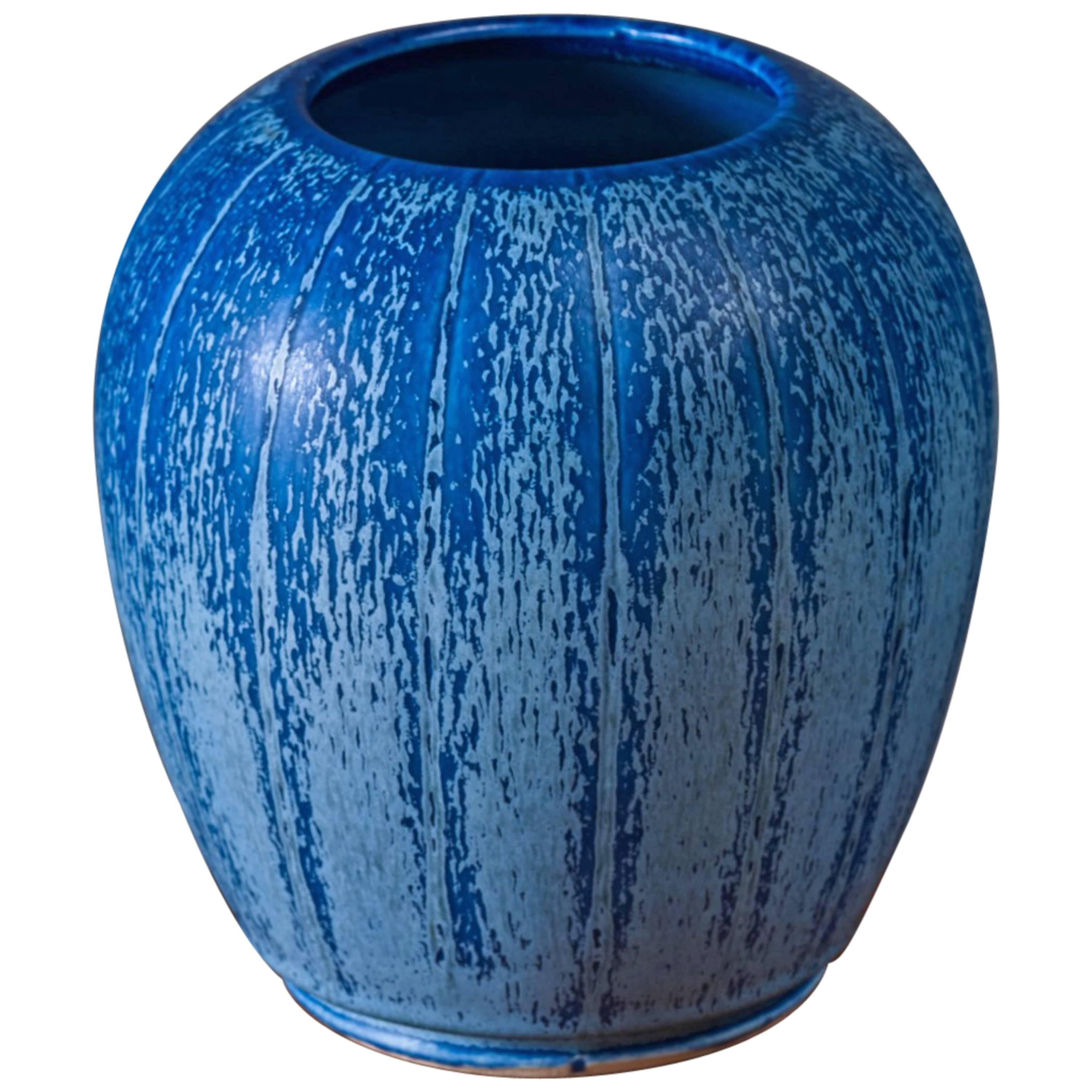 Eva Jancke-Bjork for Bo Fajans Blue Ceramic Vase, Sweden, 1940s