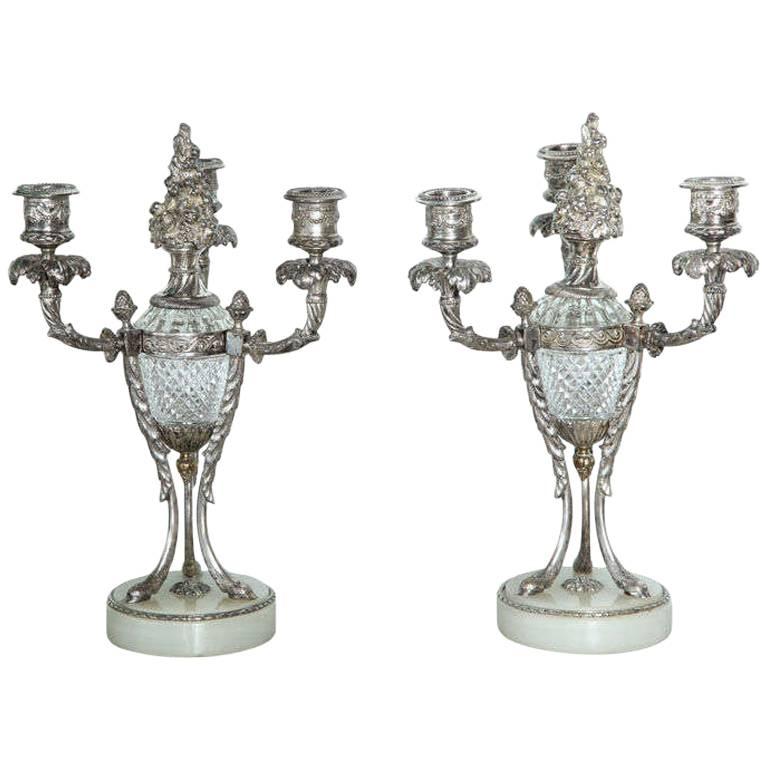Pair of Louis XVI Style Silvered Bronze and Crystal Candelabra For Sale