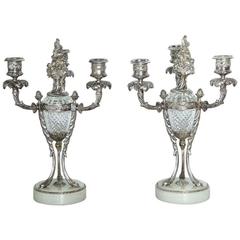 Pair of Louis XVI Style Silvered Bronze and Crystal Candelabra