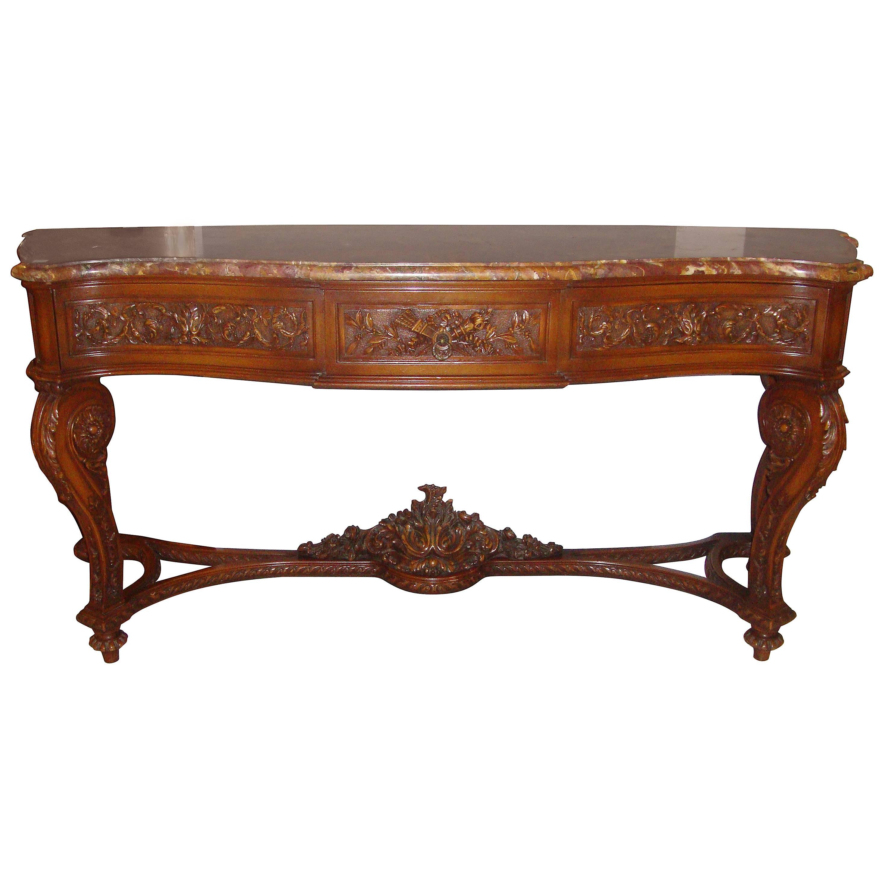 Monumental Walnut Finely Constructed Marble-Top Server Console 