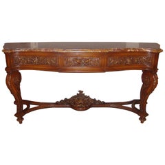 Monumental Walnut Finely Constructed Marble-Top Server Console 