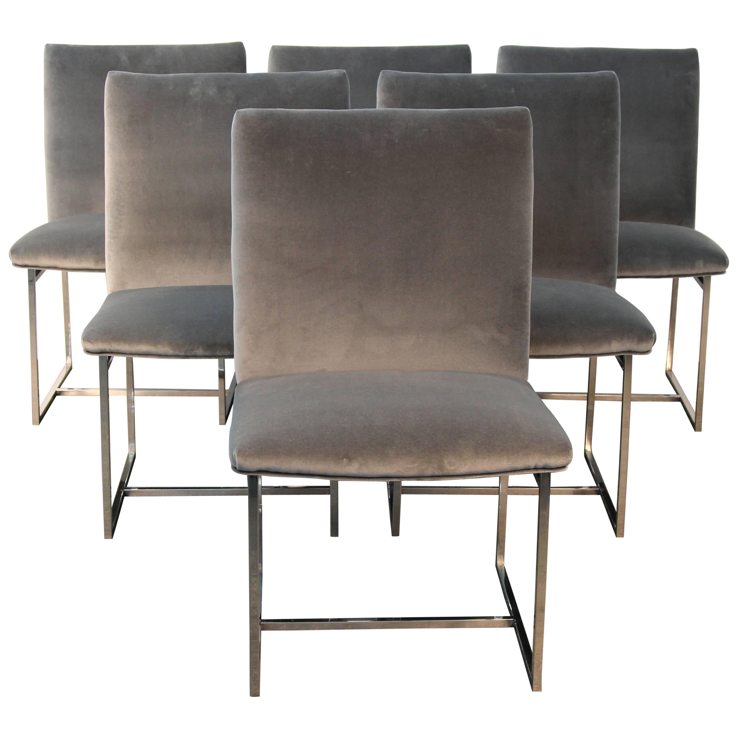 Set of Six Chrome and Velvet Milo Baughman Style Dining Chairs