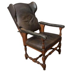 Antique Reclining Patinated Leather Fauteuil Malade Armchair with Three Settings