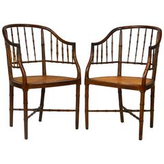 Antique Pair of 19th Century English Regency Faux Bamboo Chinoiserie Inspired Armchairs