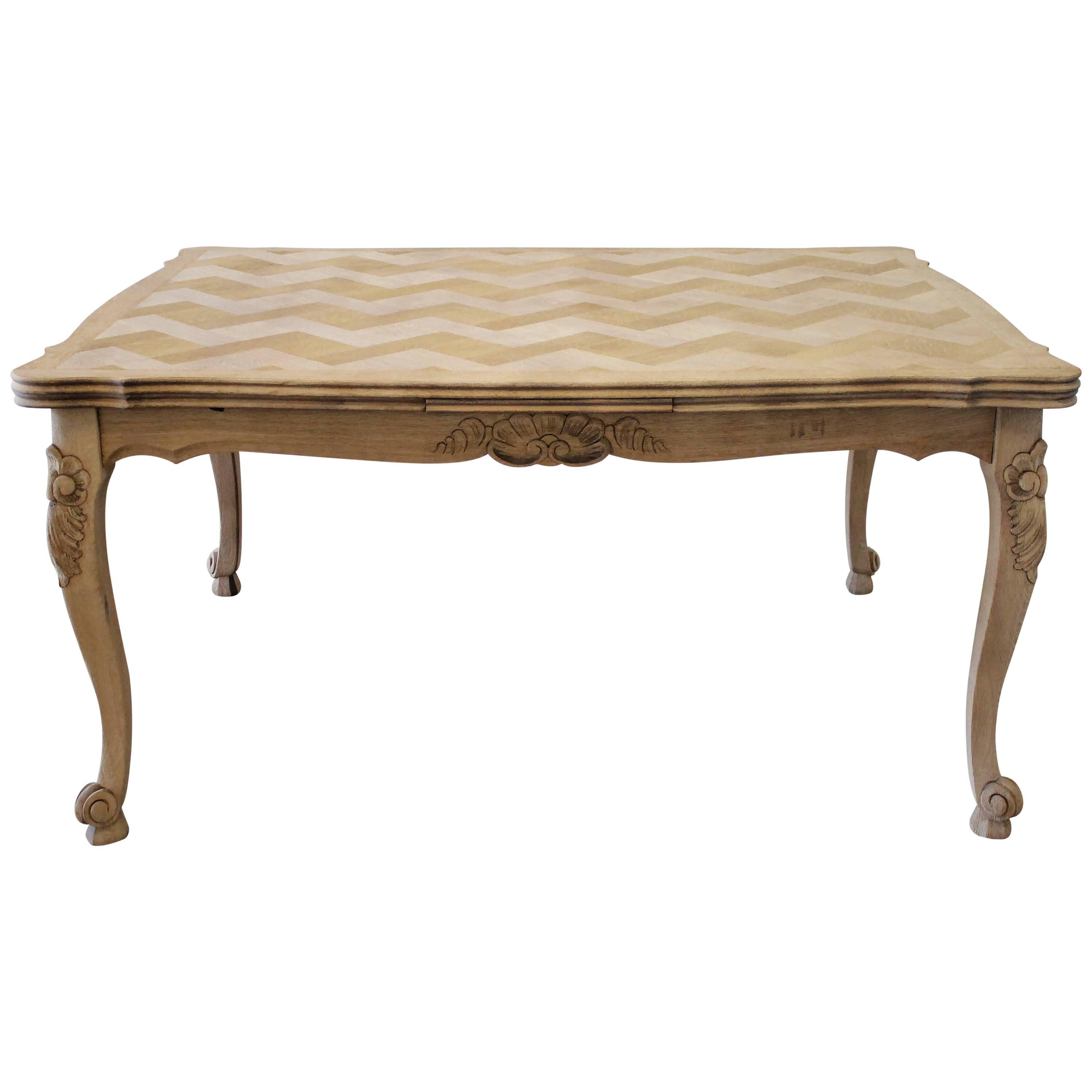 French Oak Parquet Draw-Leaf Dining Table