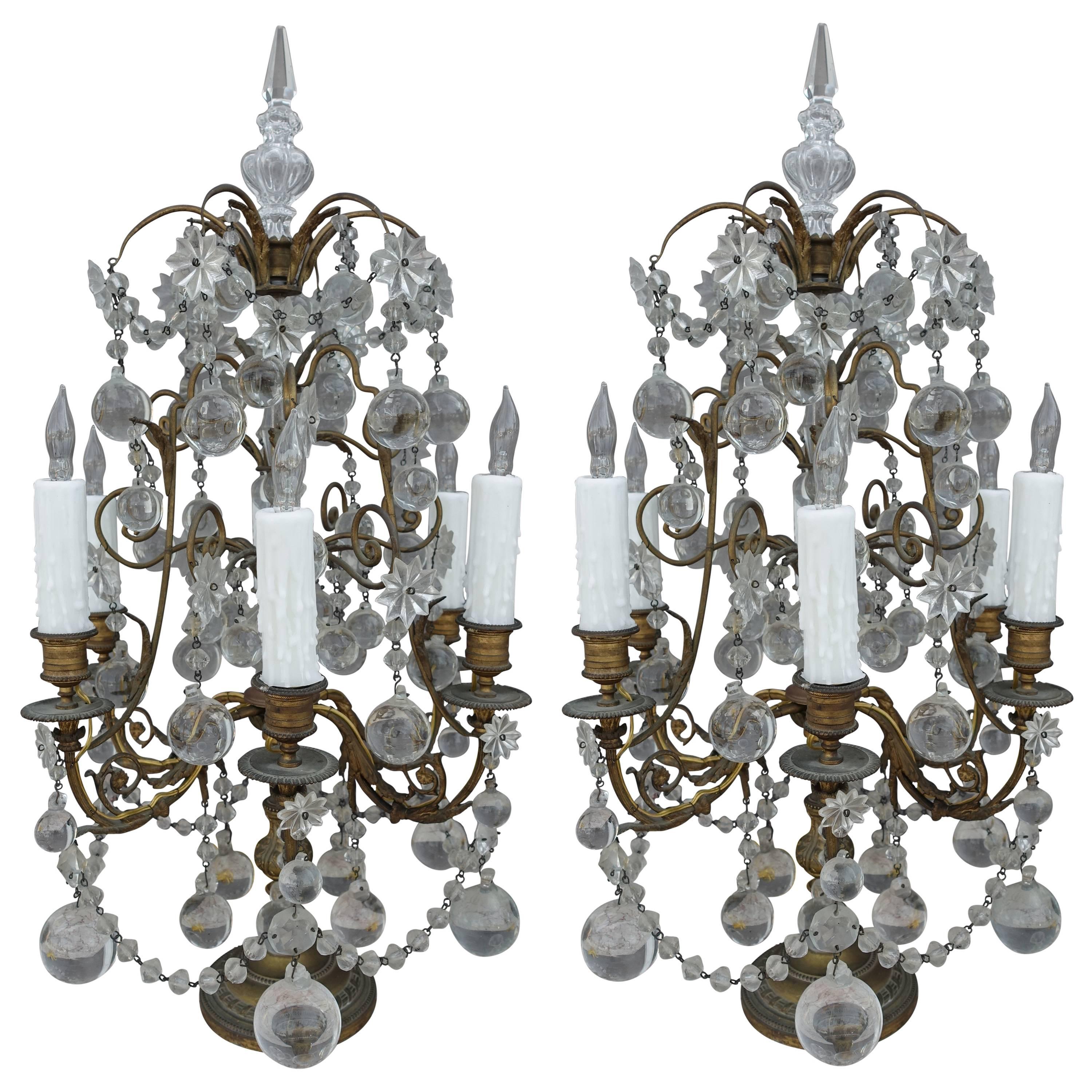 Pair of French Six-Light Bronze and Crystal Girandoles