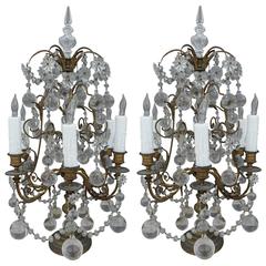 Pair of French Six-Light Bronze and Crystal Girandoles