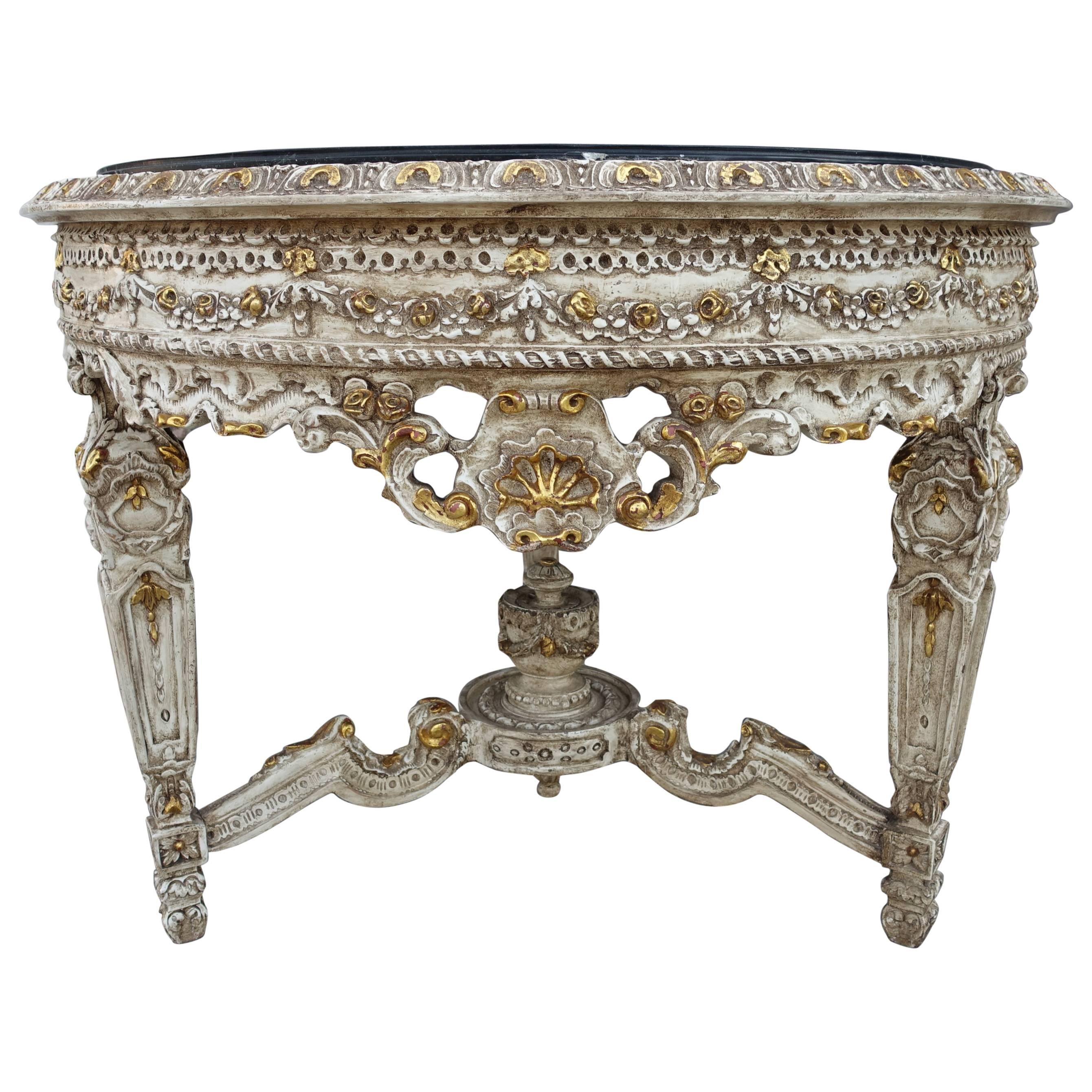 French Painted and Parcel-Gilt Center Table with Marble Top