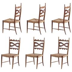 Paolo Buffa Set of Six Walnut and Rush Dining Chairs, Italy, 1940s