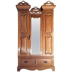 Antique Single Wardrobe Victorian 19th Century Satin Walnut Mirror