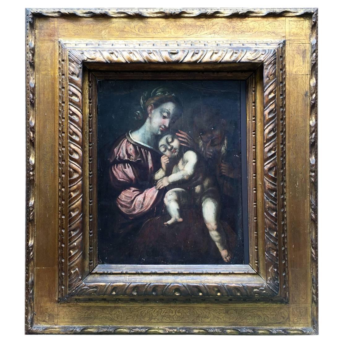 18th Century Italian Madonna with Child Religious Oil Painting on Wooden Panel 