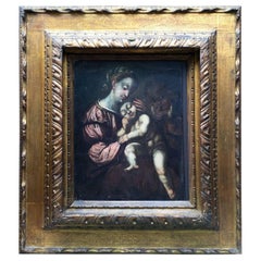 18th Century Italian Madonna with Child Religious Oil Painting on Wooden Panel 