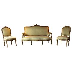 French Antique Style Louis XV Sofa Three-Seat Settee and Two Chairs Suite