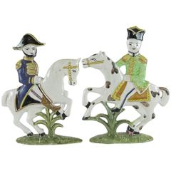 Pair of English Knights Polychrome Pottery Equestrian Tight Figures 19th century