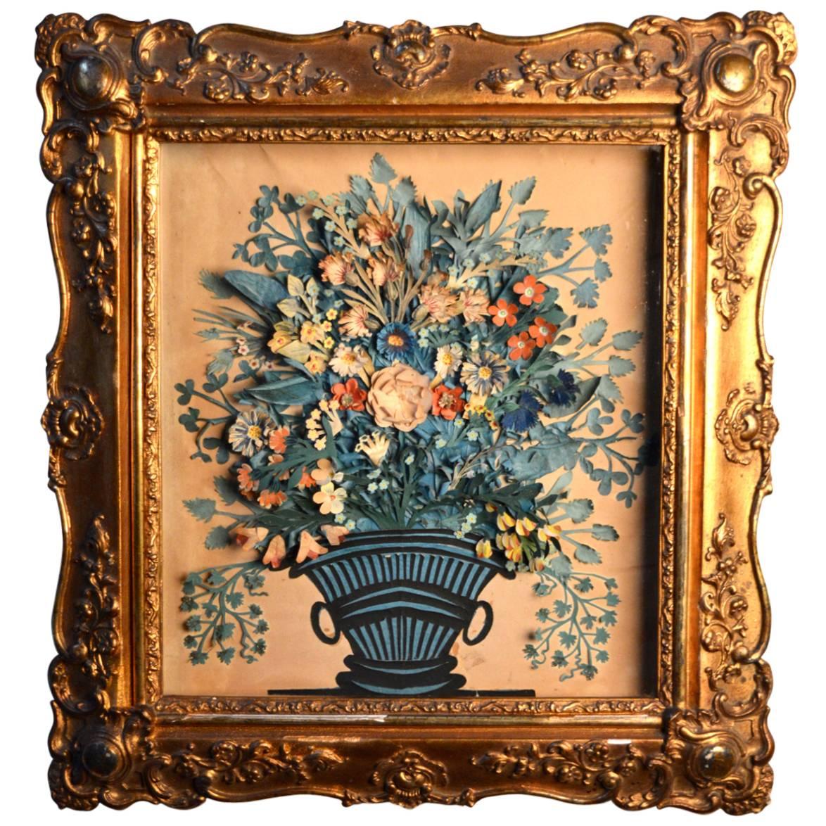 French 3D "Carnivet" Cut Paper Flowers and Urn in the Original Gilt Shadow Box 