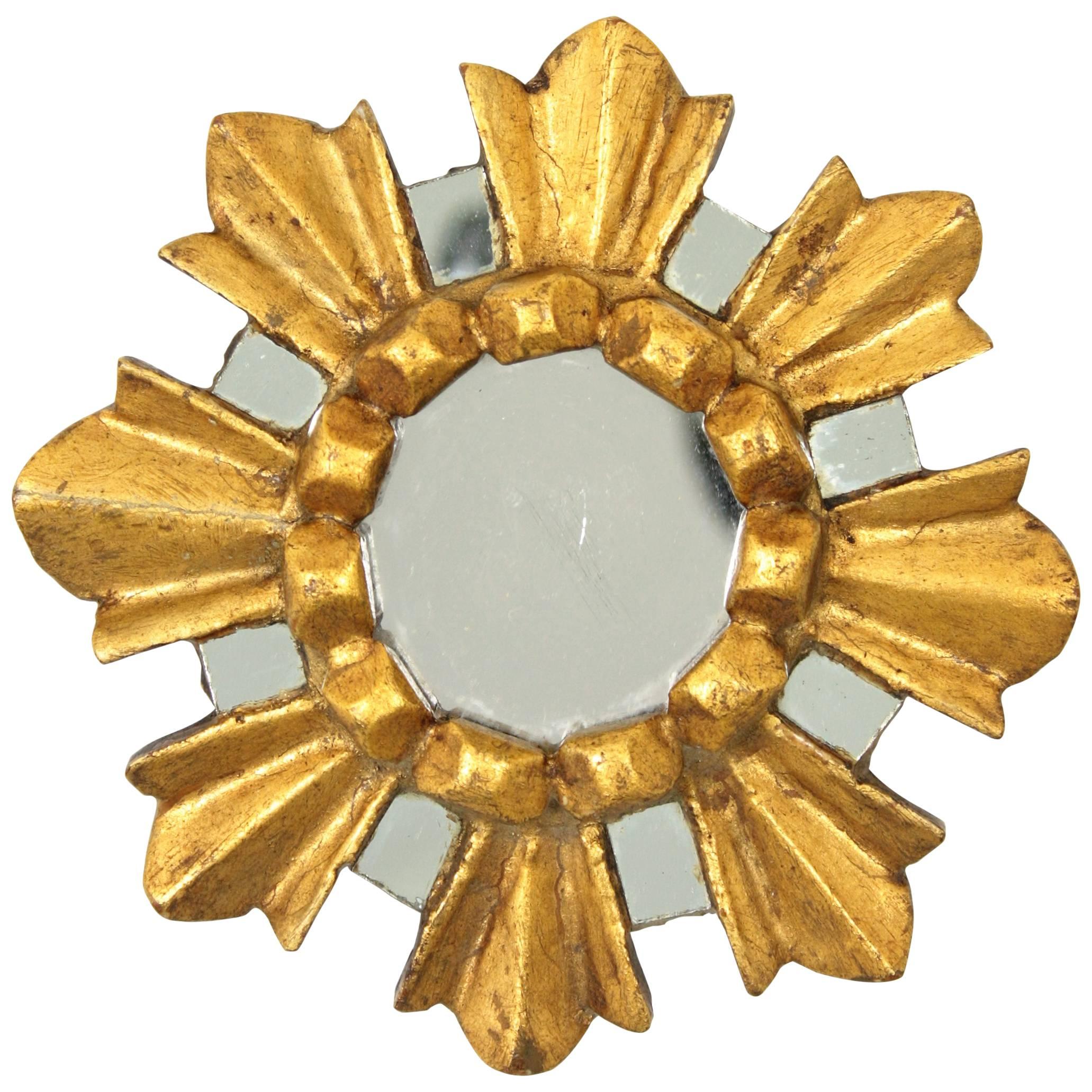 Unique Spanish Baroque Style Giltwood and Mirrored Sunburst Mirror Miniature