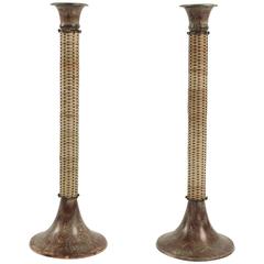 Pair of 1950s Metal and Rattan Candlesticks 10