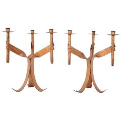 Pair of Brutalist Hand-Hammered Iron Candleholders with Copper Finish 5