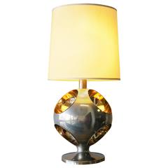 Large French Modernist Stainless Steel and Brass Table Lamp, 1970s