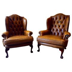 Antique Style Armchair Wingback Pair of Brown Leather Chesterfield Set 1