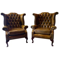 Vintage Style Wingback Armchair Pair in Green Leather Chesterfield Set 2