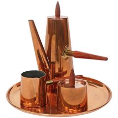 Vintage 1960s Copper Coffee Set with Tray and Teak Handles Mid-Century Modernist