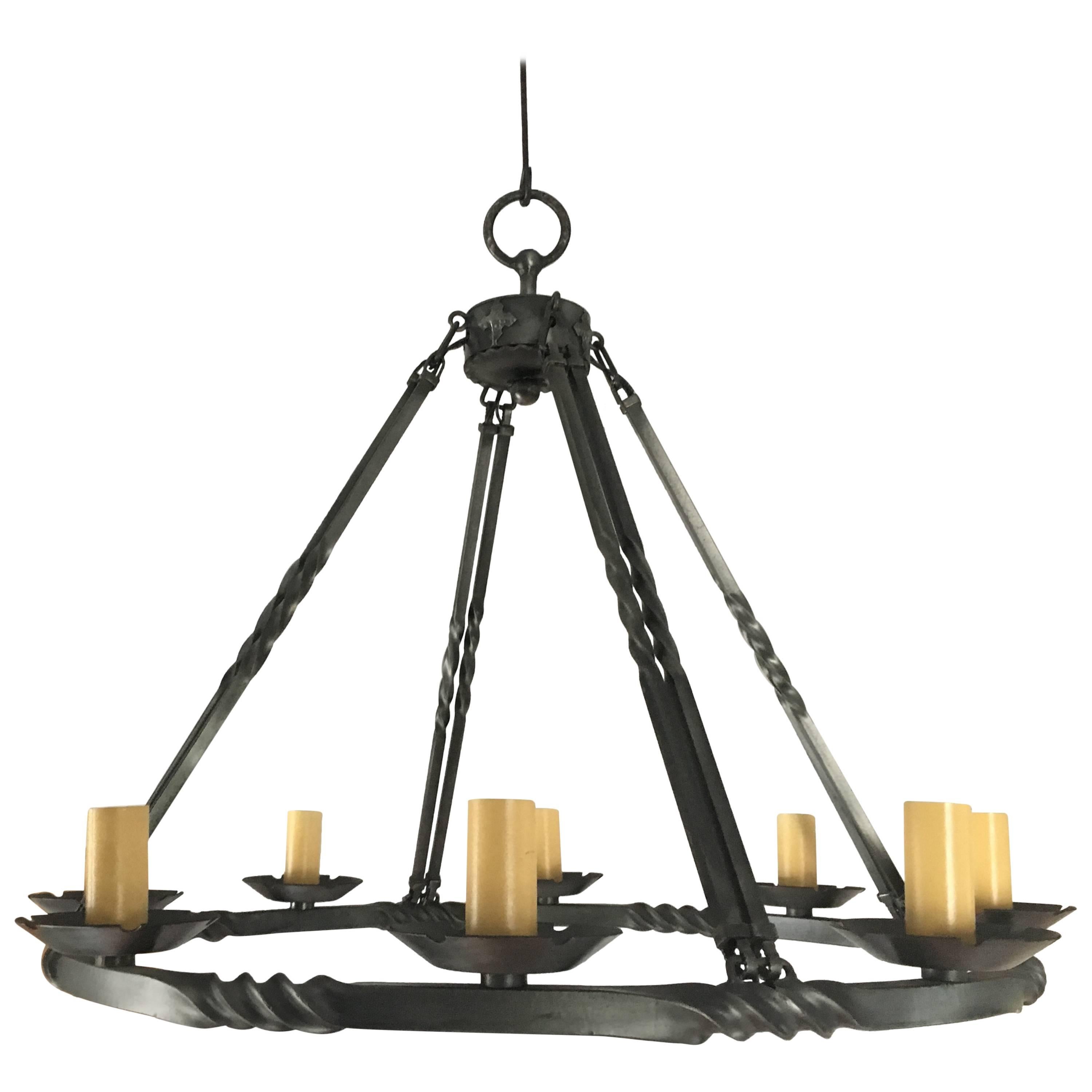 Contemporary French Polished Steel Eight-Light Chandelier For Sale