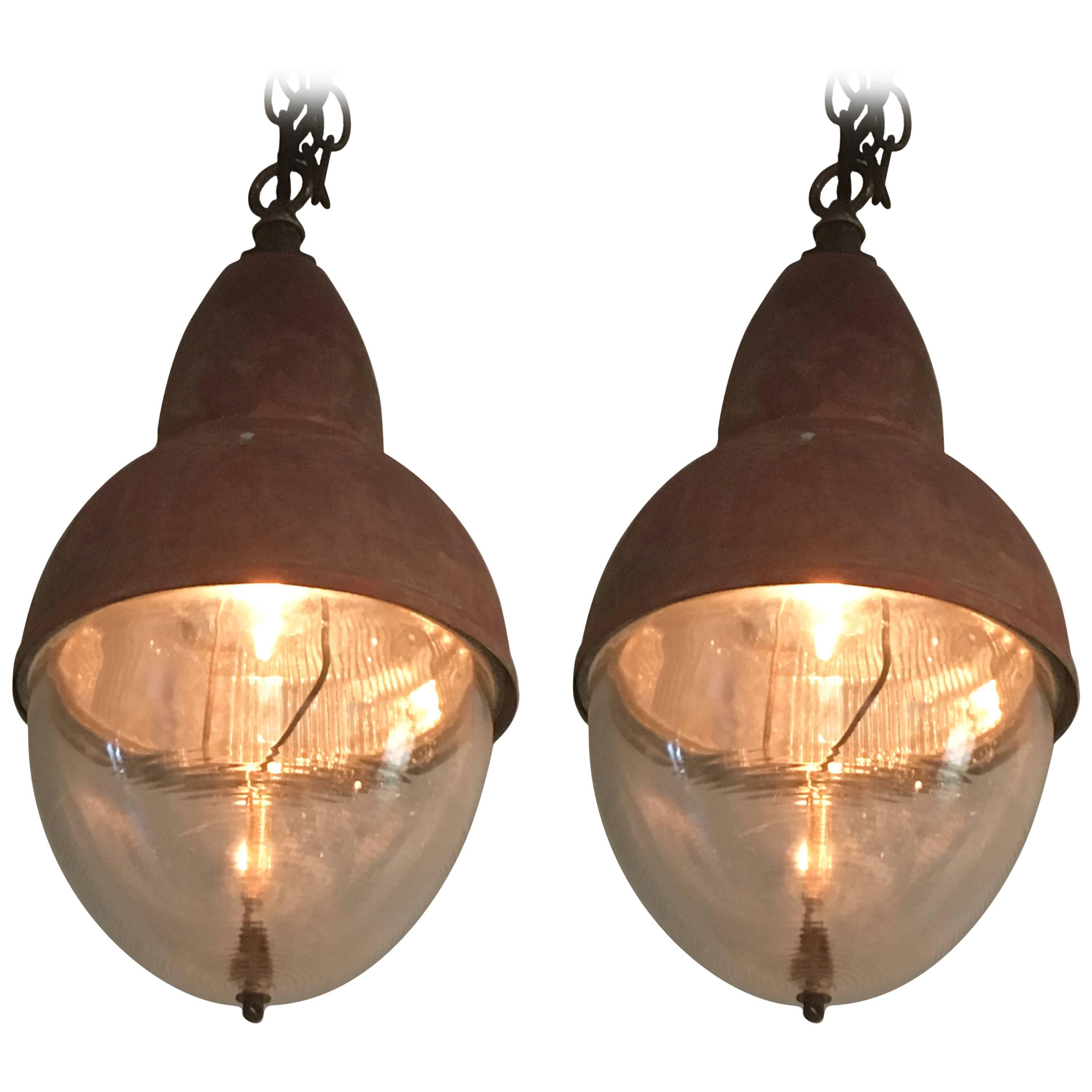 French Copper and Holophane Glass Pendant Light