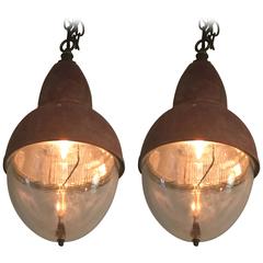 Used French Copper and Holophane Glass Pendant Light