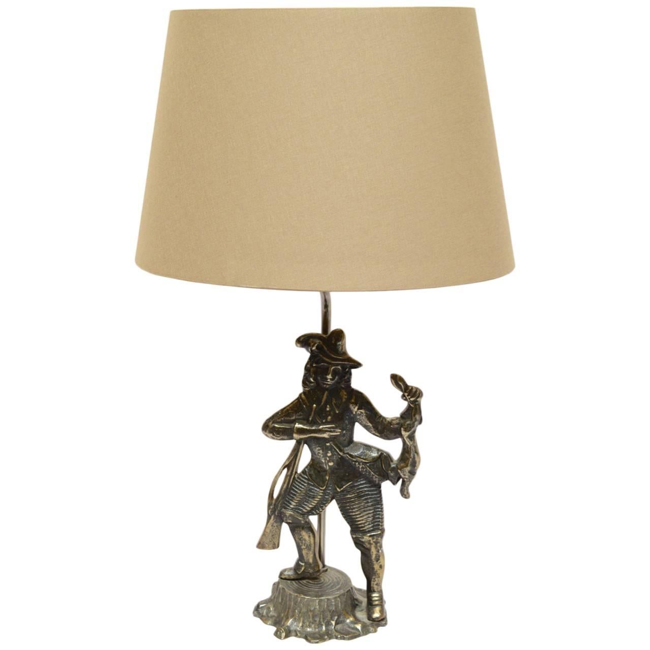 Vintage Dutch Bronze Statue Lamp of a Hunter For Sale