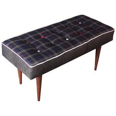 Plaid and Black Denim Upholstered Bench with Midcentury Legs