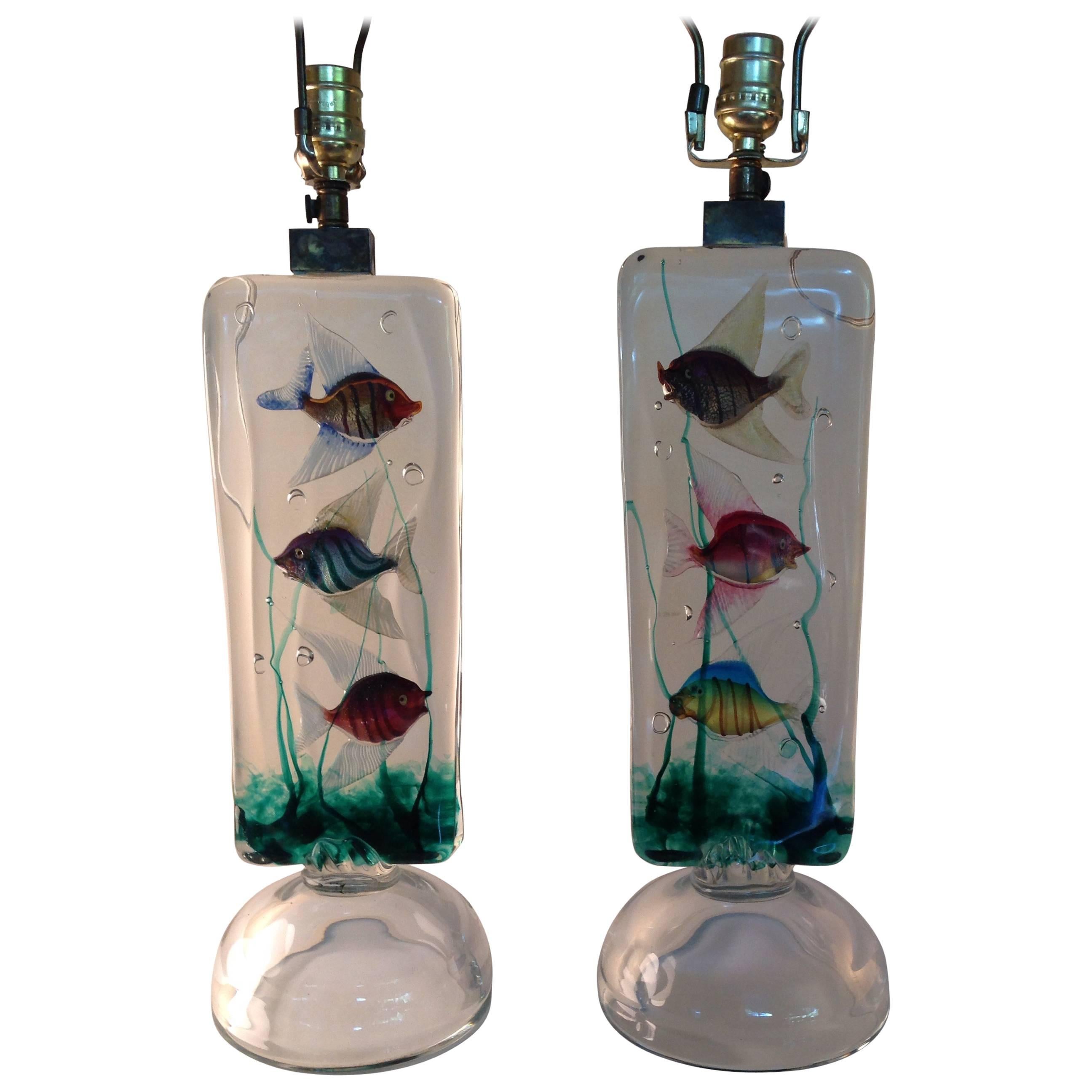 Pair of Alfredo Barbini Murano Aquarium Lamps