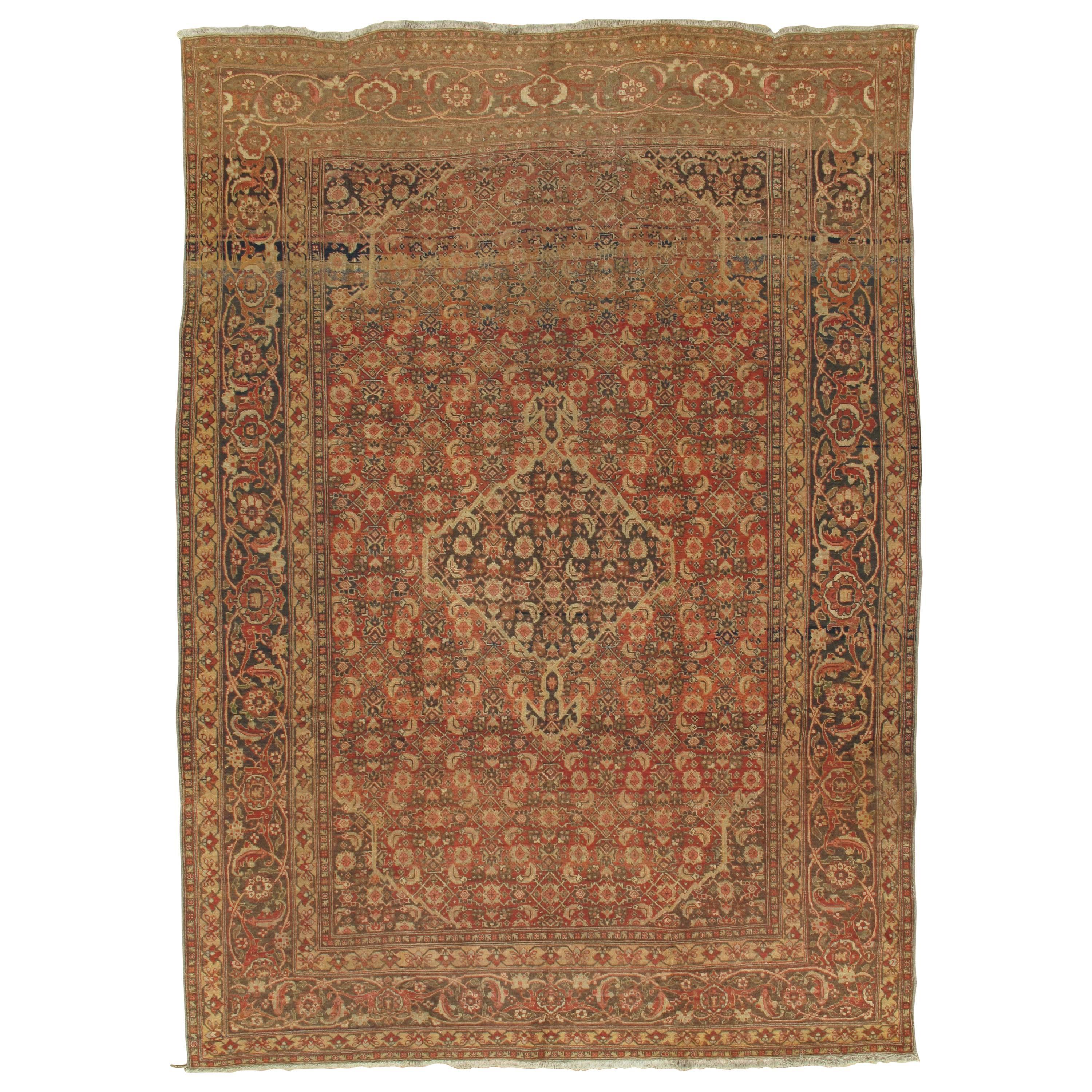 Tapis persan ancien de Tabriz, tapis oriental fait à la main, terre cuite, marron, beige