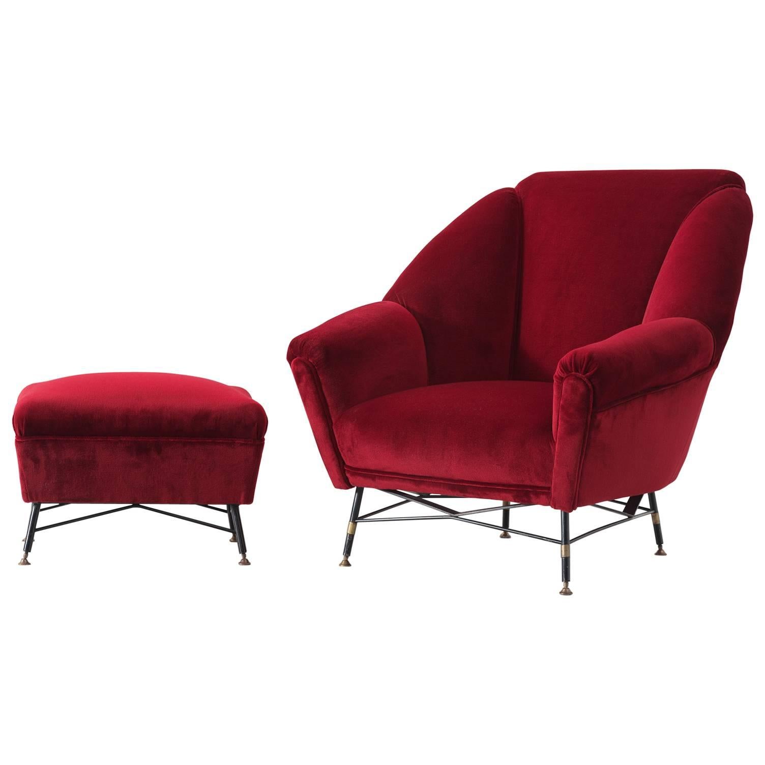 Italian Red Velvet Lounge Chair with Accompanying Ottoman