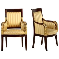 Pair of Parcel-Gilt and Mahogany Antique Armchairs in the Empire Taste
