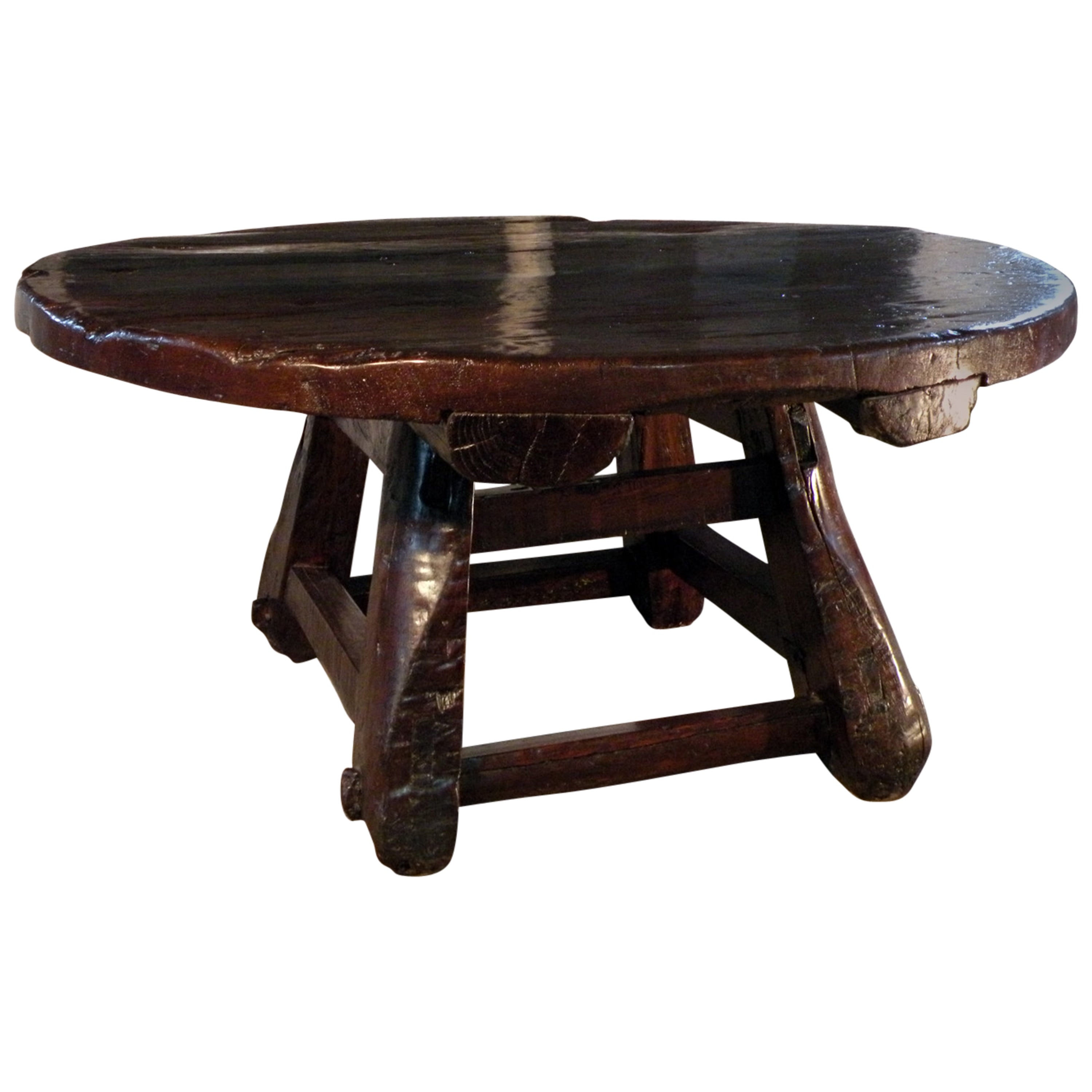 Round Walnut and Black Lacquer Asian Low Profile Coffee Table at 1stDibs