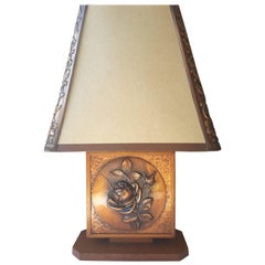 Vintage Albert Gilles Mid-Century Oak and Copper Rose Table Lamp