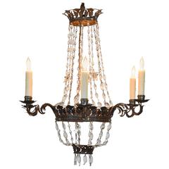 Antique Small Italian Neoclassical Brass, Glass Six-Light Chandelier, Early 19th Century