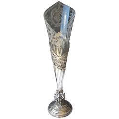 French Antique Silver Trumpet/Epergne Vase, With Glass Wheel Cut Insert