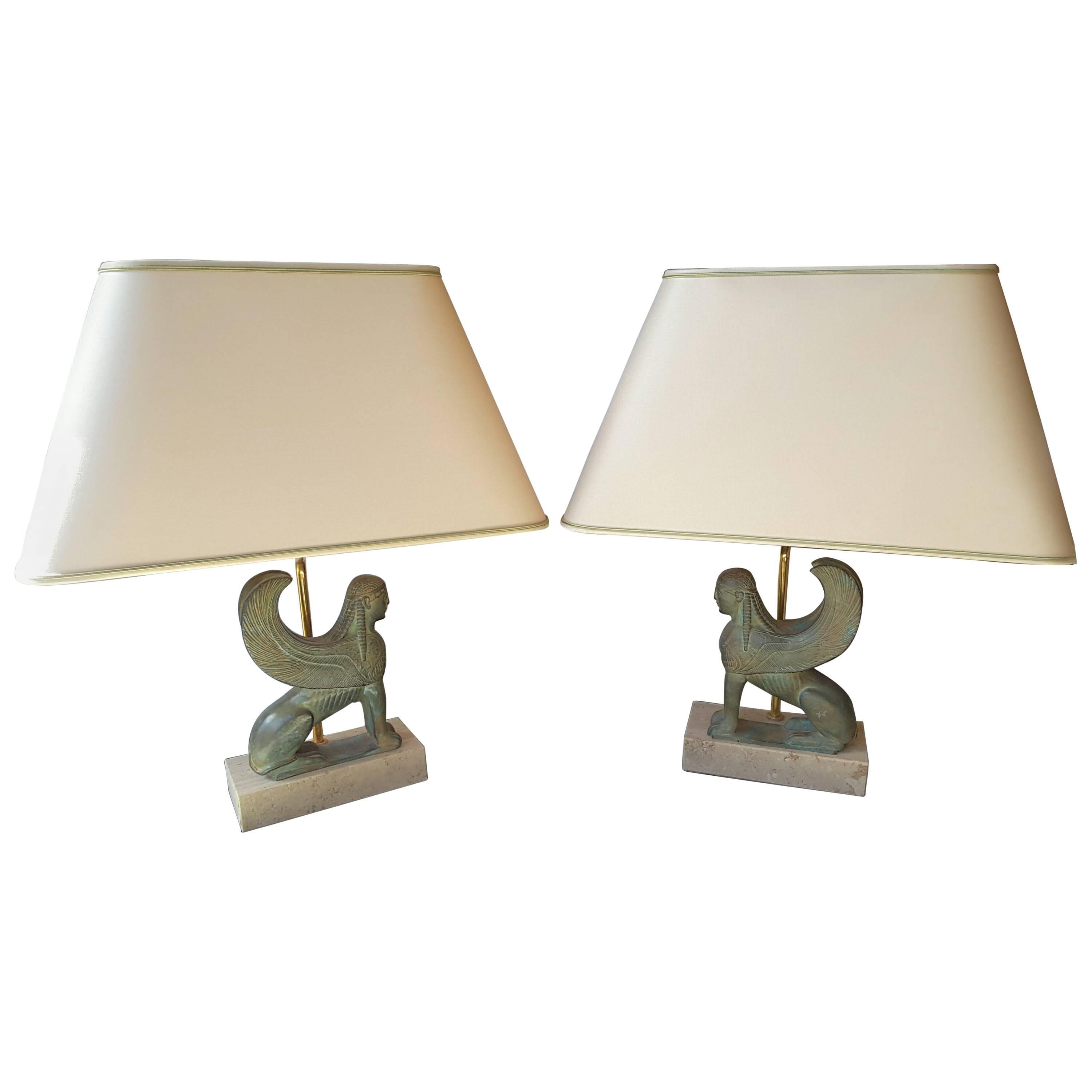 Maison Le Dauphin France, paire de lampes de bureau sphinx d'exception vintage