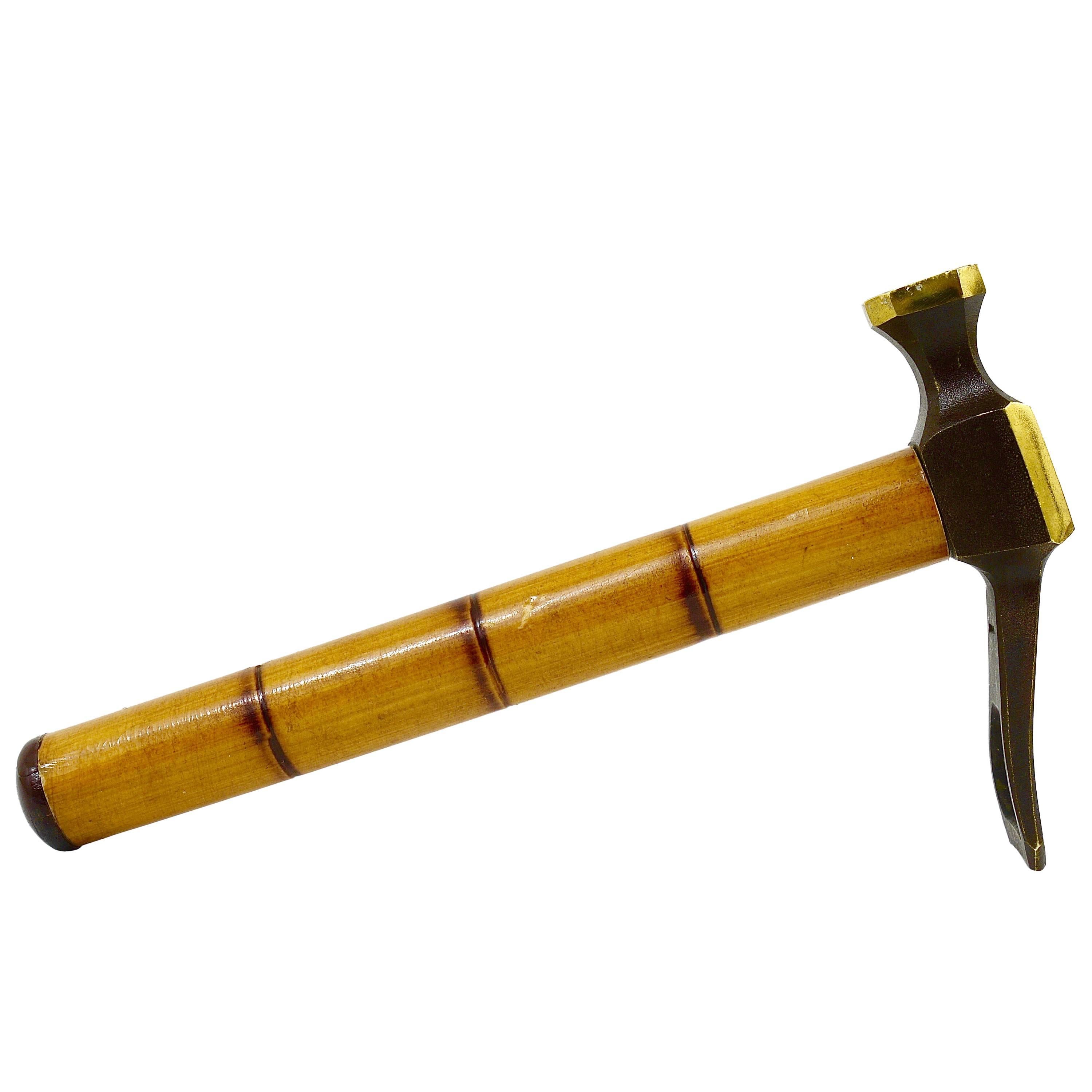 Mid-Century Brass Hammer Bottle Opener, Cork Screw with Bamboo Handle, 1950s