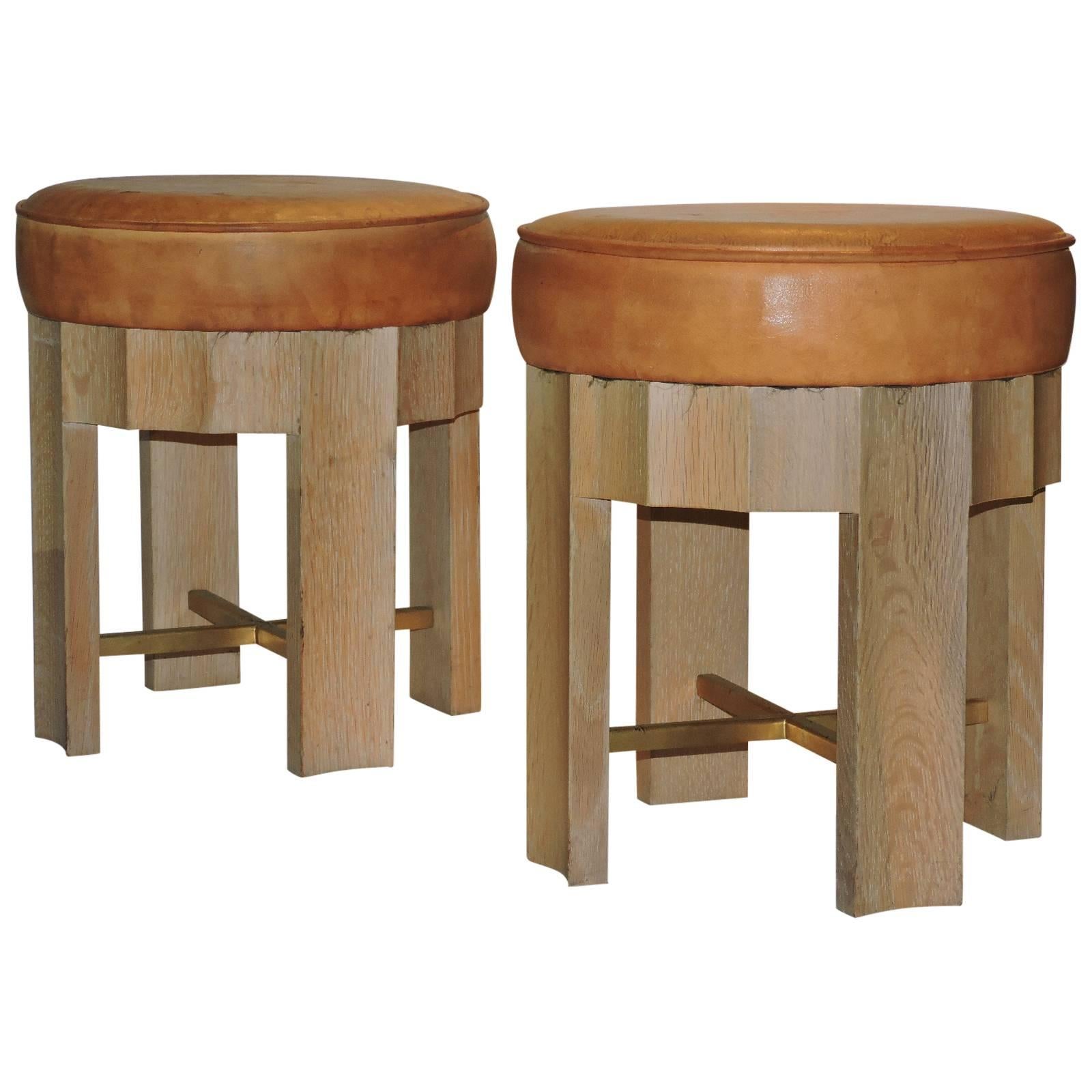 Cerused Oak and Leather Stools in the Style of Jean Michel Frank at 1stDibs