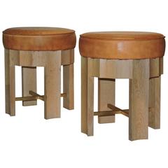 Cerused Oak and Leather Stools in the Style of Jean Michel Frank