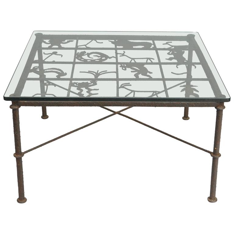Metal and Glass Square Coffee Table with Native American Glyph Figure