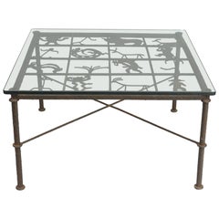 Metal and Glass Square Brutalist Coffee Table with Native American Glyph Figures